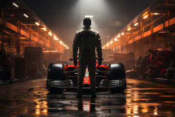 Racing driver standing behind a formula car in garage