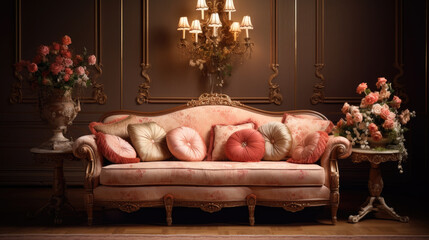 Elegant sofa with  crystal chandelier. antique furniture, furniture of the past centuries, antique style.