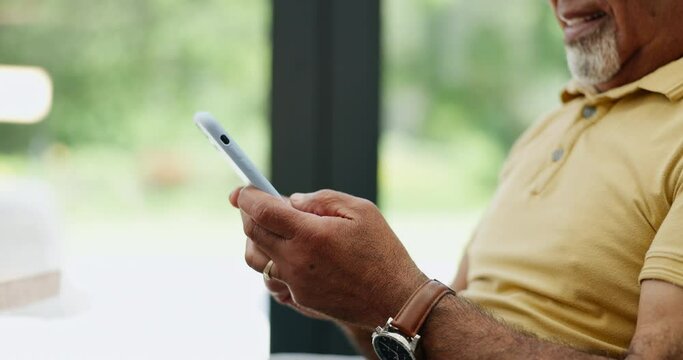 Phone, search and hands of senior man in house closeup for internet, research or reading sign up service info. Smartphone, app and old male person online for ebook, download or social media guide