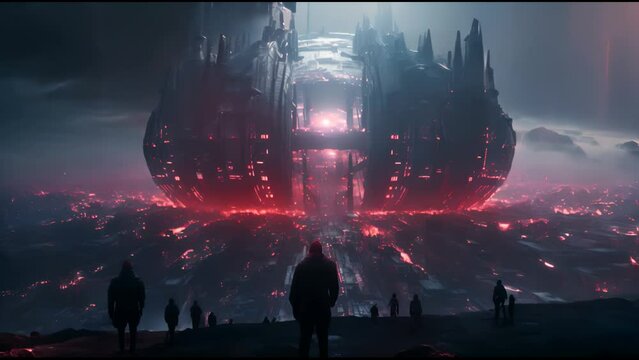 Abstract AI-generated background with UFO aliens spaceship above the city. Future technologies and artificial intelligence concept.