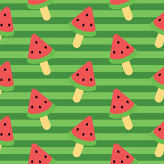 Pattern of Watermelon Popsicles in Green Background with Watermelon Stripes. Seamless Link.