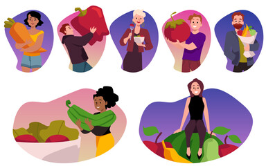 Set of happy people with huge fruits and vegetables flat style