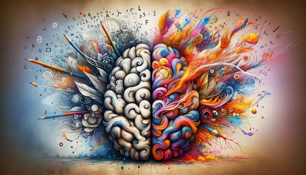 Abstract concept image of a creative brain divided into two distinct halves for logic and creativity wallpaper background