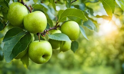 Green apple-laden tree focal point, lush garden