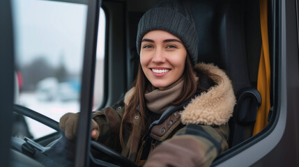 A smiling woman with a beanie hat driving a truck in snowy weather