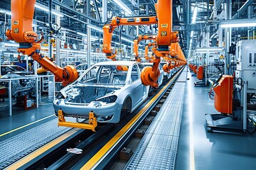 Precision at Work A Glimpse Inside a Modern Car Manufacturing Plant with Robots Assembling an Orange Vehicle