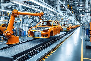 Precision at Work A Glimpse Inside a Modern Car Manufacturing Plant with Robots Assembling an Orange Vehicle