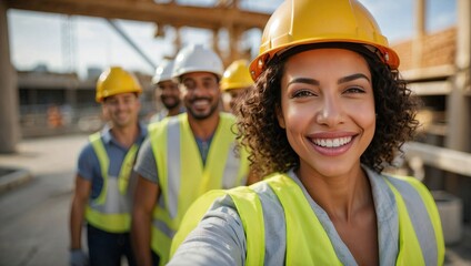 Close-up selfie of a cheerful female construction worker in a yellow hard hat and reflective vest, with colleagues in the background on a construction site.