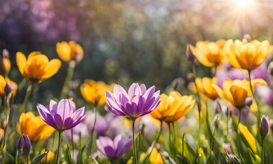 Sunny spring field: Vibrant flowers under the sun