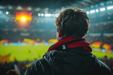 Soccer fan or football fan with flag at cheering while winning match. Generative AI