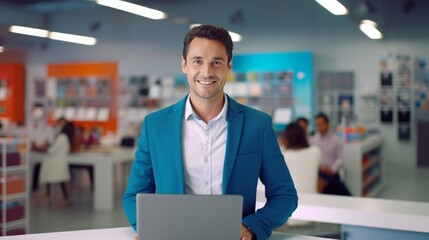 Fototapeta premium Young businessman as salesman in a store using laptop