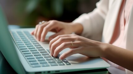 woman in office is writing and typing with hands and fingers on laptop keyboard