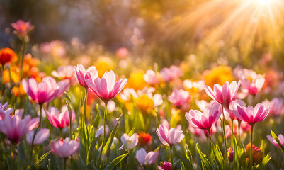 Obraz na płótnie Canvas Sunny spring field: Vibrant flowers under the sun