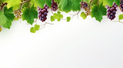 grapevine fruits and leaves as border on white background with copy space - obrazy, fototapety, plakaty