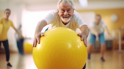 Fototapeta na wymiar old aged senior man doing sports in a gymnastics studio