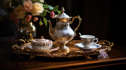  A full view of a whimsical tea set with half-filled tea cups with hot tea adorned with algorithmic patterns.