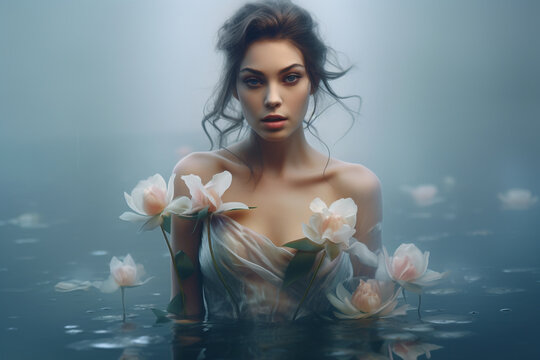 Beauty, make-up, nature concept. Beautiful young woman portrait in the lake with flowers. Dreamlike mood
