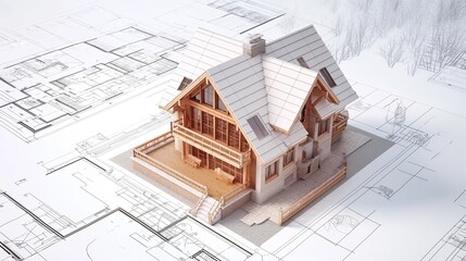 3d rendering project of new building model house on blueprint plan