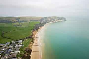 beautiful aerial view of the Old Harry Rocks Jurassic Coast, Swanage, coastal town on Dorset England
