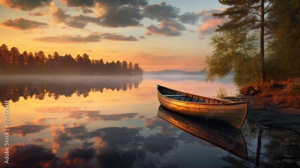 Canvas Prints A peaceful sunset scene on a calm lake with reflections and a rowing boat