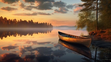 Obraz premium A peaceful sunset scene on a calm lake with reflections and a rowing boat
