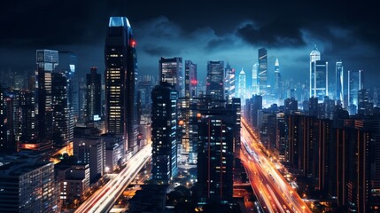 Illuminated skyline with skyscrapers and traffic on the streets of the big city at night