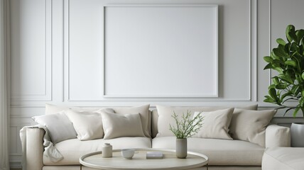 White, light interior, Scandinavian style, rectangular blank paintings hanging on the wall. Minimalism.