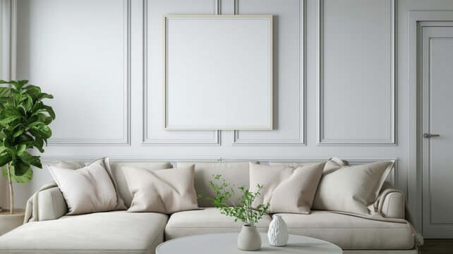 White, light interior, Scandinavian style, rectangular blank paintings hanging on the wall. Minimalism.