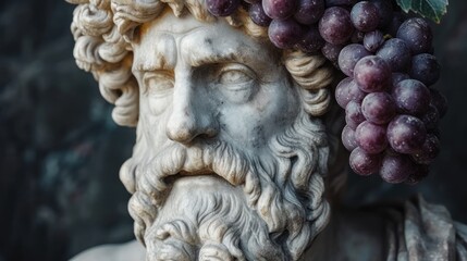 Fototapeta premium a close up of a statue of a man with a bunch of grapes on his head and a bunch of grapes on his head on top of a marble statue.