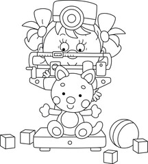 Cute little girl playing doctor and measuring a weight of her funny toy cat in a playroom of a nursery school, black and white outline vector cartoon illustration for a coloring book