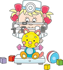 Cute little girl playing doctor and measuring a weight of her funny toy cat in a playroom of a nursery school, vector cartoon illustration isolated on a white background