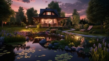Obraz premium Lonely illuminated villa in nature by a pond at dusk