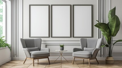 Scandinavian interior style, two armchairs and a small table, three empty paintings on the wall, light color, vertical frames.