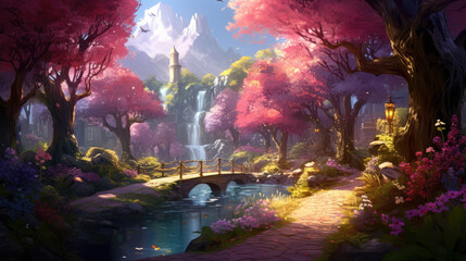  Fantasy landscape fairy tale. A lush garden with blooming pink and blue flowers, the vibrant colors creating a vivid and refreshing natural landscape..