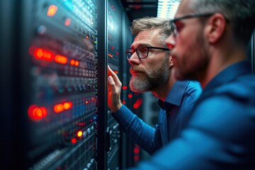 Focused Professionals Analyzing Server Racks in a Modern Data Center: An Illuminated Display of Technology and Networking