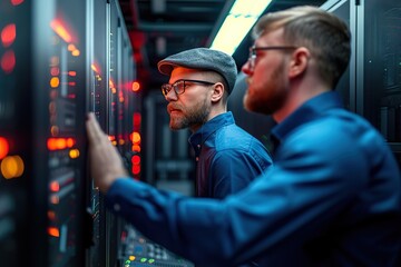 Focused Professionals Analyzing Server Racks in a Modern Data Center: An Illuminated Display of Technology and Networking