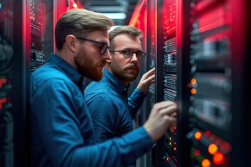 Focused Professionals Analyzing Server Racks in a Modern Data Center: An Illuminated Display of Technology and Networking