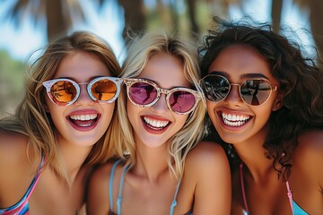 Sunny Moments of Joy Three Female Friends Embracing Laughter and Fun in Playful Beach Revelry Under the Radiant Coastal Sun