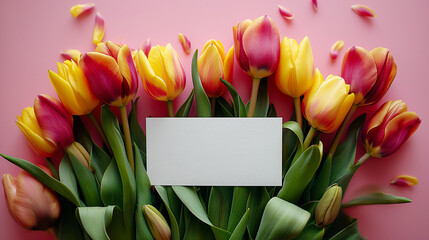 Top view of yellow and red tulips and greeting card on pink background for Women's day or Mother day. Gift with flowers