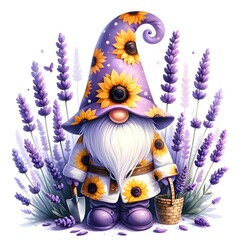 Fototapeta premium Cute gnome, sunflowers outfit, spring concept watercolor digital illustration 