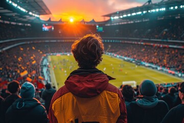Obraz premium Soccer fan or football fan with flag at cheering while winning match. Generative AI