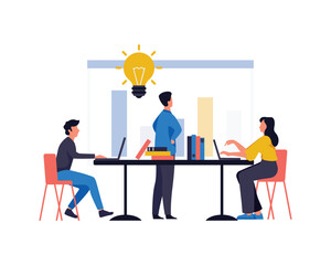 Vector illustration. Training of office staff. Increase sales and skills. Team thinking and brainstorming. Analytics of company information vector