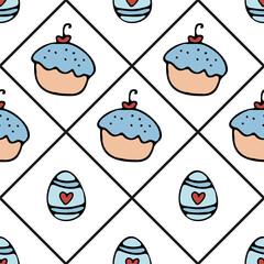 Seamless cartoon background with Easter cupcake, egg, and heart