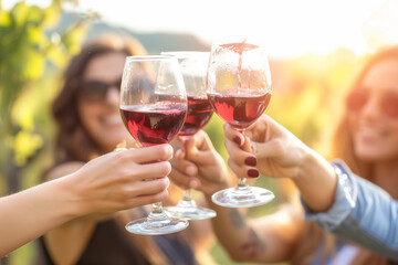 Young people spend time in nature, there are several people in the frame holding a glass of wine. Close-up.