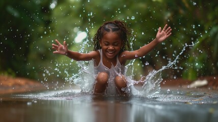 A cute and happy african american girl, playing on the water