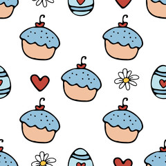 Vector illustration Easter cupcake, egg, daisy and heart pattern