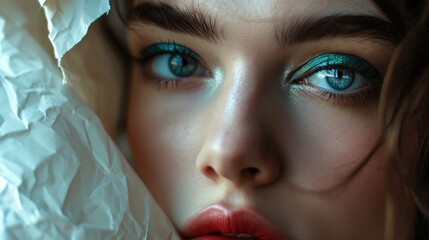 Young woman with beautiful bright green eyes with shining blue shadows, beige lipstick and expressive eyebrows, pitted look of colored paper, fashion, beauty, make-up, cosmetics, salon style - obrazy, fototapety, plakaty