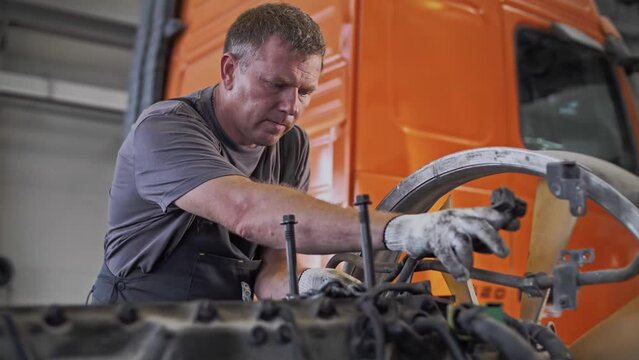 Auto service mechanic inspects of a truck motor