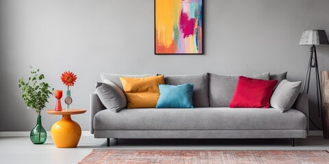 Chic living room with grey couch and colorful pillows.
