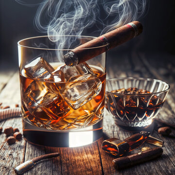 a glass of whiskey and a cigar on a table, a raytraced image , trending on shutterstock, art photography, stock photo, stockphoto, vray tracing